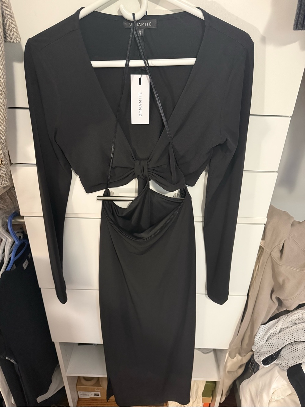 Dynamite Black Long Sleeve Cutout Tie-Front Midi Dress